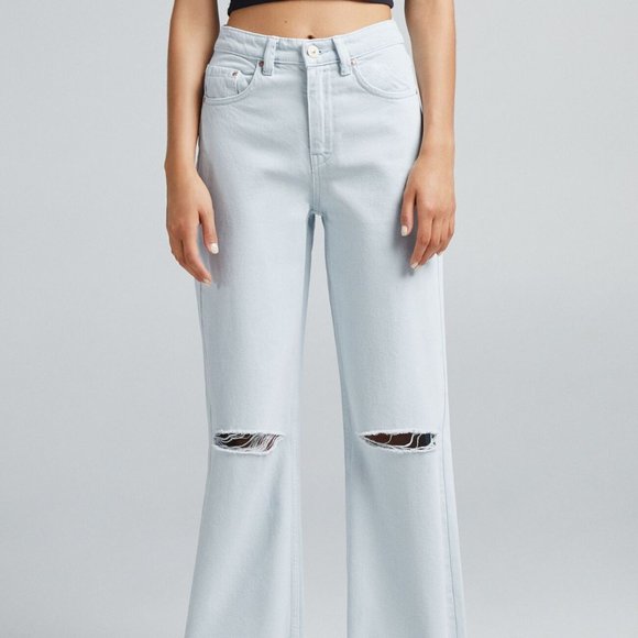 NWT BERSHKA Women Wide Leg Light Blue Jeans w Rips Waist 24" - Picture 4 of 12